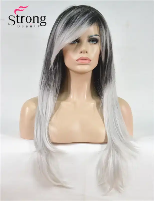 Long Straight Black Silvery Grey Ombre Side Swept Bangs Synthetic