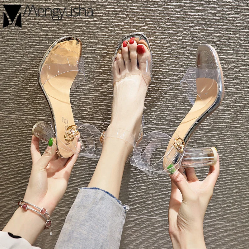 

Designer Crystal clear lady strap high heel sandals 2019 peep toe transparent sandalias femme trendy brand slingback shoes woman