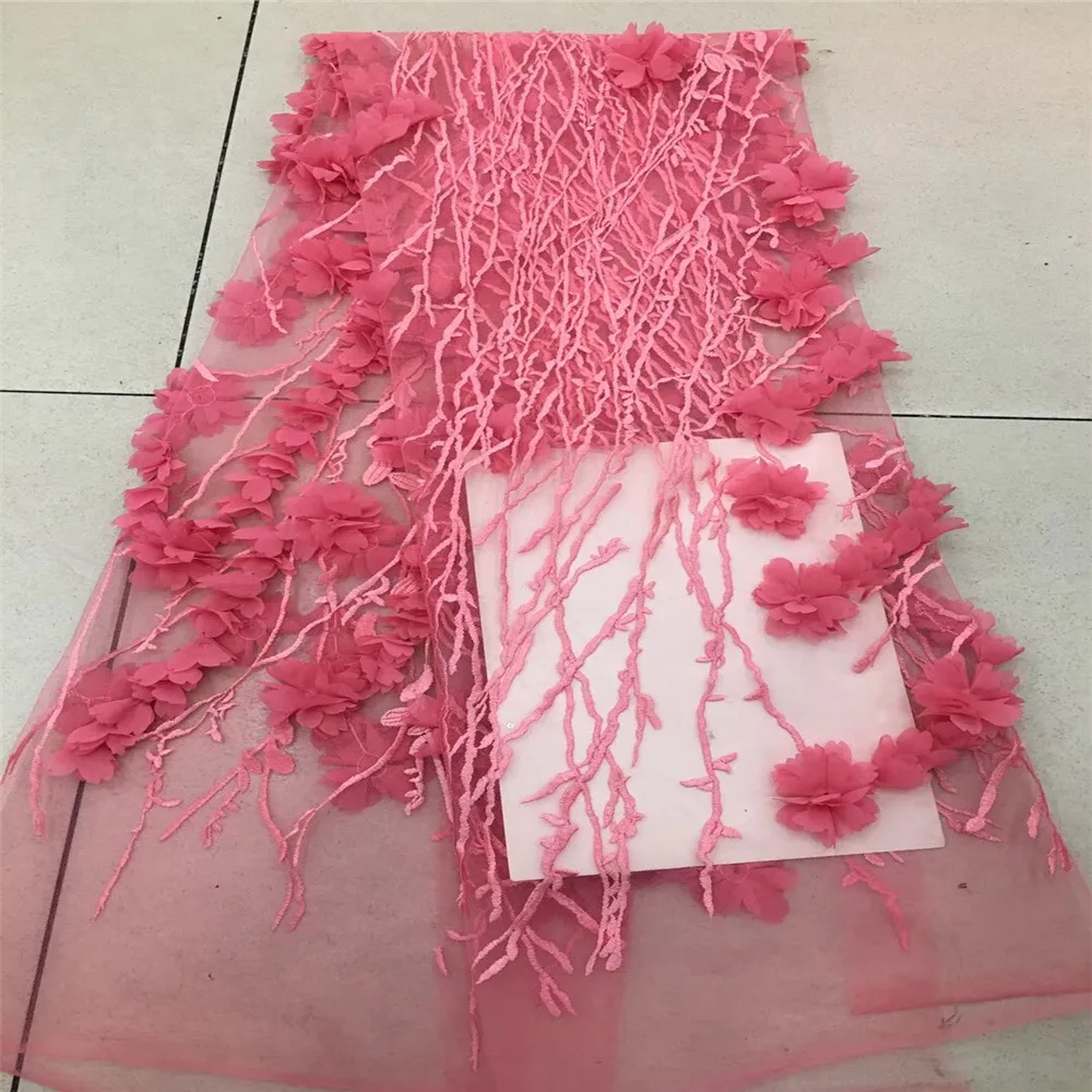 

2018 New style French net lace fabric 3D flower African tulle mesh lace fabric high quality african lace fabric rose red H392-1