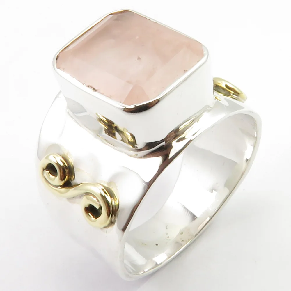 Тонкий серебряный розовый Кварц палец кольцо Размер 6,75 драгоценный камень искусство ювелирные изделия уникальный дизайн