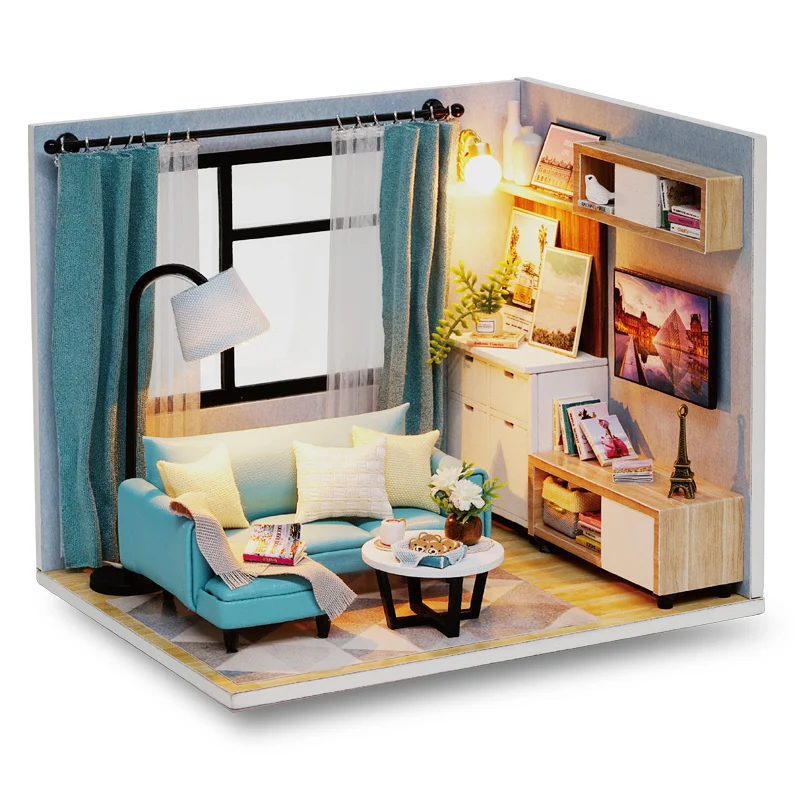 

DIY Doll House Miniature Building Assemble Kits Toys Miniature Dollhouse Bedroom Furnitures with Dust Cover Music House Toys