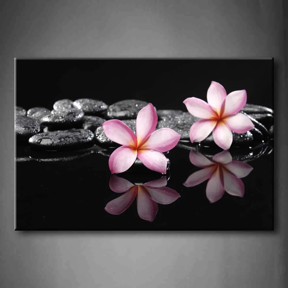 

1 Pic Framed Wall Art Pictures Frangipani Zen Stones Canvas Print Artwork Flower Posters With Wooden Frames For Decor