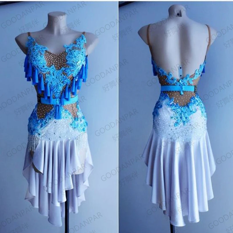 

GOODANPAR New Style Latin Dance Dress Women Girls Lycra Dance Wear Salsa Samba Rumba Costume With Bodysuit Bra white blue