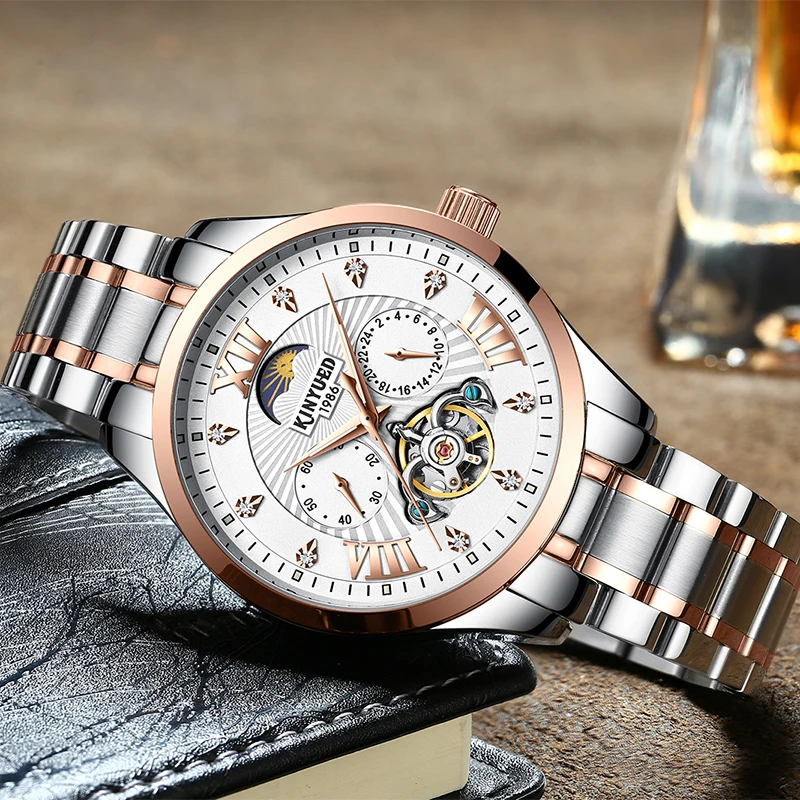 

KINYUED Mens Automatic Mechanical Watches Tourbillon Moon Phase Top Brand Sports Watch Stainless Steel Fashion Relogio Masculino