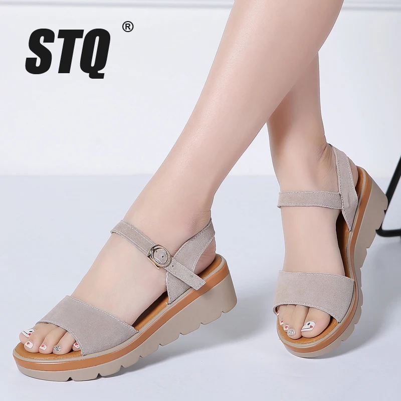 

STQ 2019 Women sandals summer suede leather high thick heel wedge sandals Platform sandals ladies ankle strap flat sandals 848
