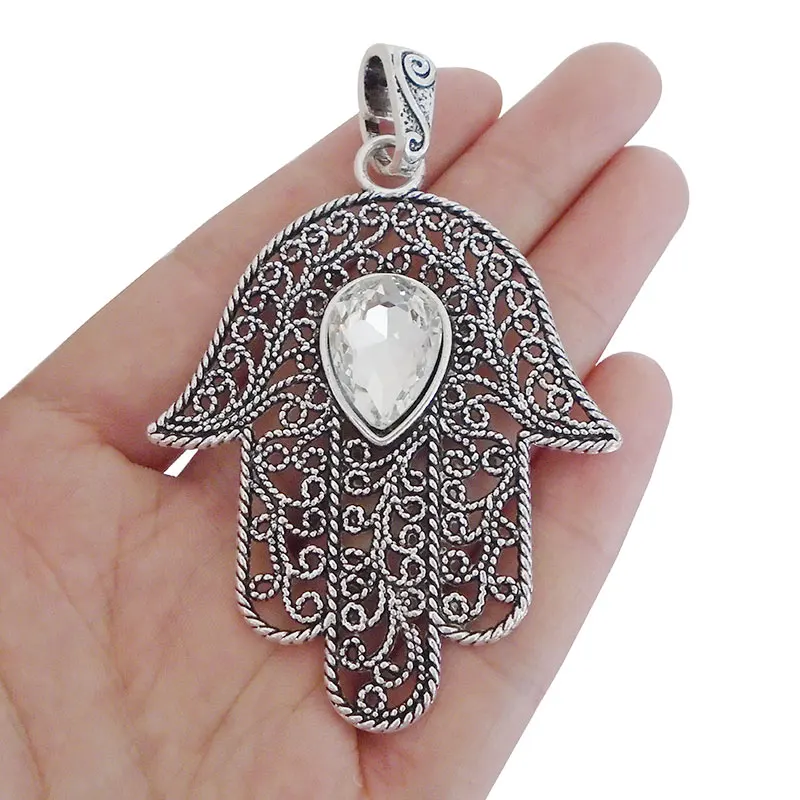 

3 x Antique Silver Tone Large Hamsa Hand Charms Pendants with Crystal Rhinestone for Necklaces Jewelry Making Findings 83x55mm