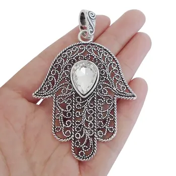 

3 x Large Hamsa Palm Fatima Hand Charms Pendants with Crystal Rhinestone for Necklaces Jewelry Making Findings 83x55mm