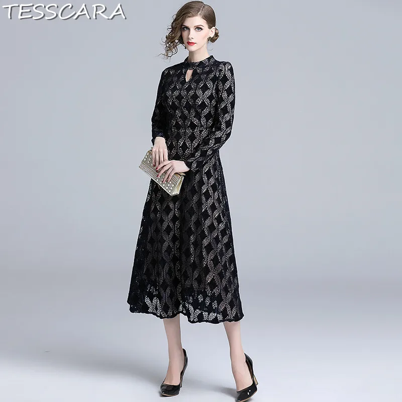 

TESSCARA Women Spring & Autumn Elegant Lace Dress Festa Female Fashion Long Party Vestidos Designer Vintage Office Robe Femme