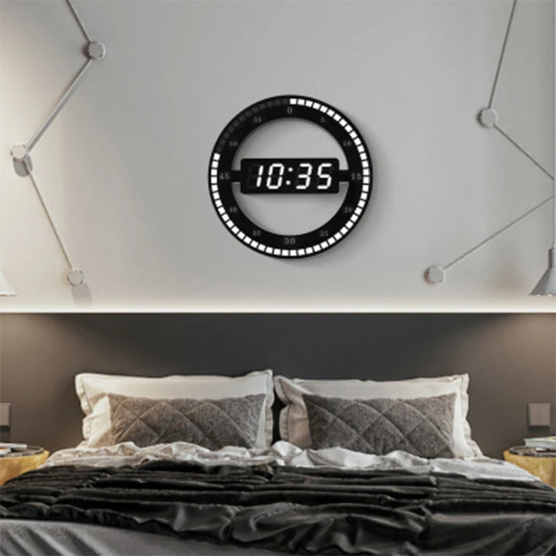  3D LED Digital Wall Clock Electronic Night Glow Round Wall clocks Black Automatically Adjust Bright