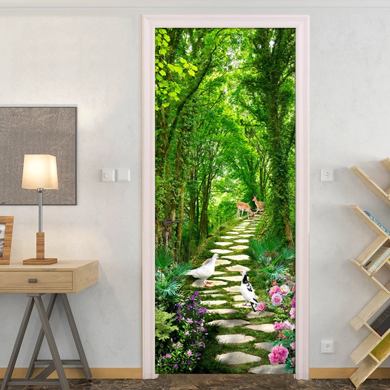 

3D Door Stickers Green Woods Small Road Home Decor Door Mural Sticker PVC Waterproof Self-adhesive Vinyl Wall Paper Bedroom Door