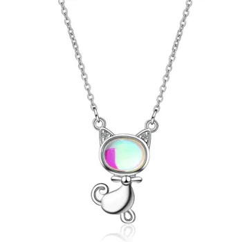 

LULU-PIG Hot New 925 silver moonstone cat necklace with Korean collarbone chain DZ378