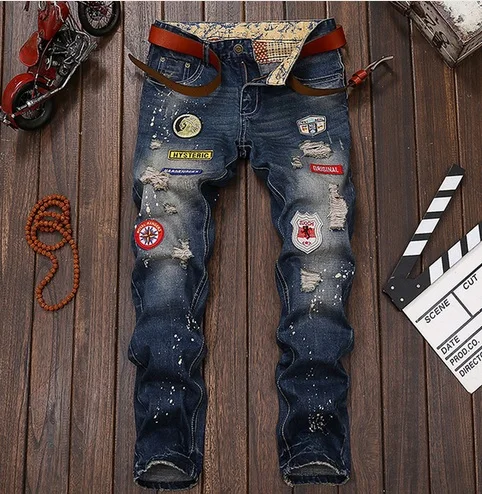 TR Men Jeans Brand Clothing Ripped Skinny Trousers Denim Embroidery ...