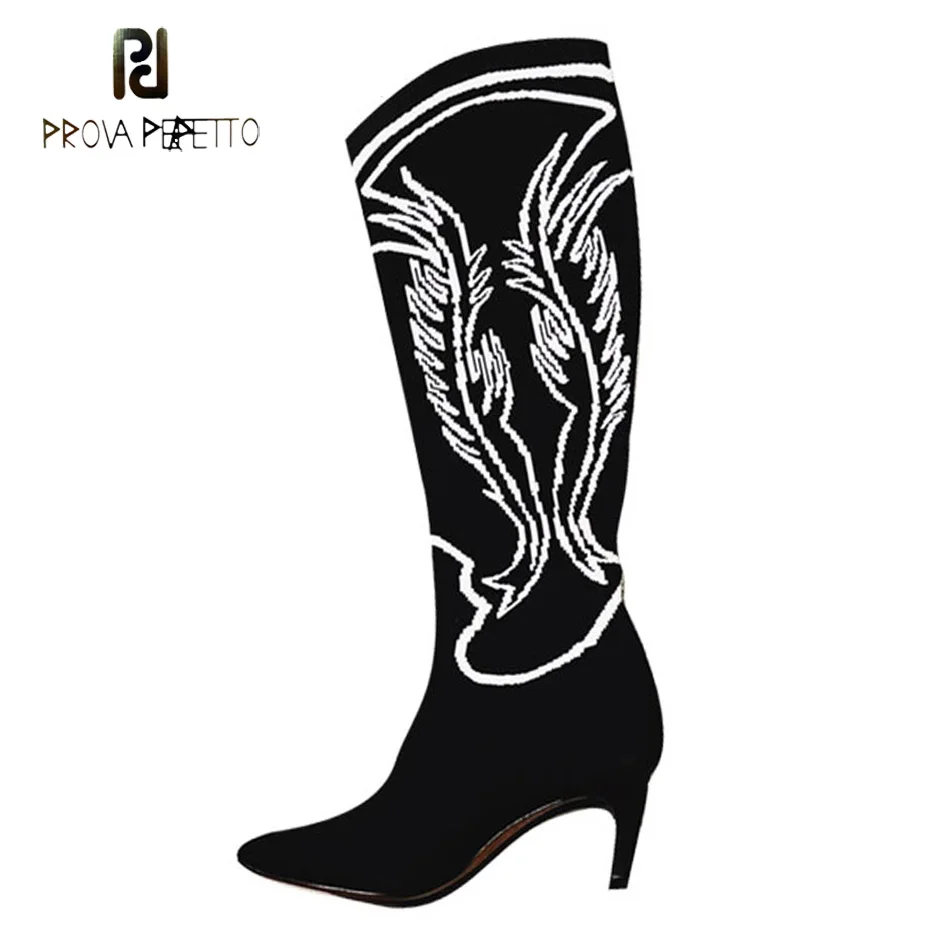 

Prova Perfetto 2018 new style black knitting stretch sock boots for women white pattern patchwork fashion thin heel knee boots
