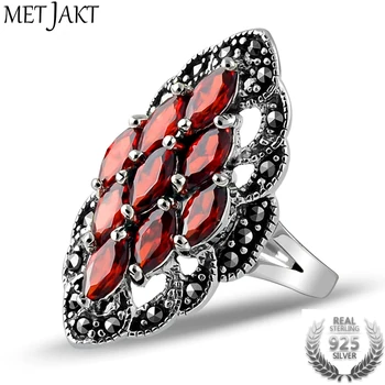 

MetJakt Vintage Ruby Ring with Zircon Solid 925 Sterling Silver Lace Beautiful Ring for Women Party Wedding Thai Silver Jewelry