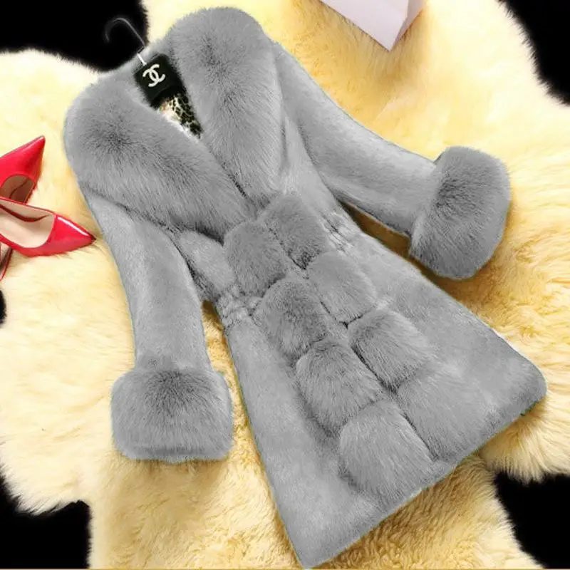 Зимняя теплая Модная женская импортная шуба высококачественное пальто из искусственного меха Длинная женская куртка с воротником из лисьего меха - Цвет: Серый