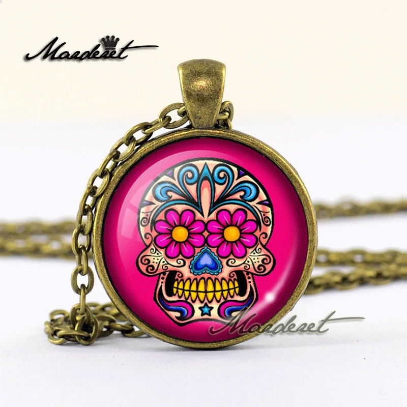 Maderet Gothic Sugar Skull Glass Cabochon Necklace Handmade Jewelry Dome Art Round Retro Pendant | Украшения и аксессуары