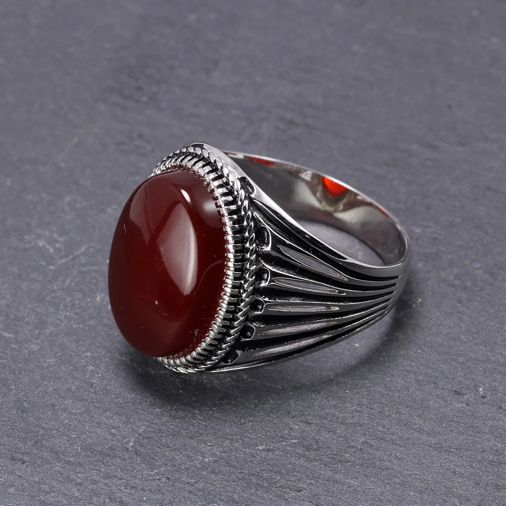 Настоящее чистое 925 пробы серебро турецкие кольца для мужчин полые ретро кольца с камнями черный красный оникс цвет Anelli Uomo