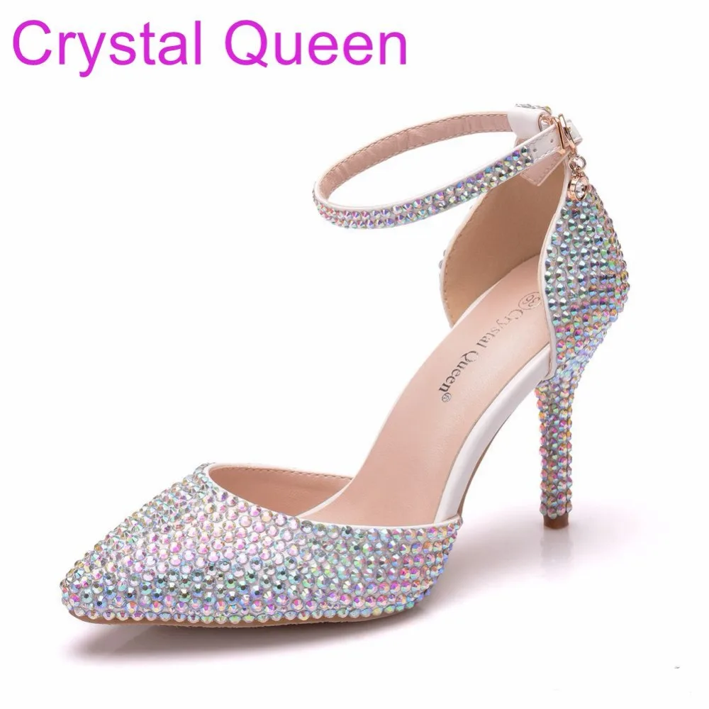 

Crystal Queen Rhinestone High Heel Sandals Thin Heels Pointed Toe Bridal Wedding Shoes Plus Size Women Sandals