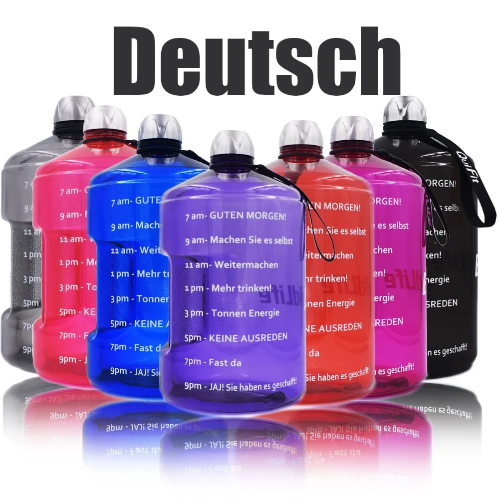 

German Version BuildLife 1 Gallon Water Bottle with Time Marker 3.78L 128OZ BPA Free Plastic Large Capacity water jug Deutsch