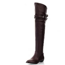 Женщин Пряжки Колено-Топ Мотоцикл Загрузки 34-45 Долго Моды Bottes Низкий каблук Плоские Пинетки Женская Обувь круглый носок Для Зима Осень