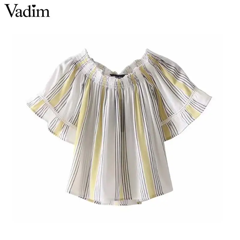 

Vadim women sweet ruffles striped shirts sexy off shoulder slash neck blouse female cute summer casual wear chic tops DT1351