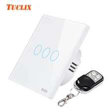 TUCLIX EU/UK Touch Switch LED Wall Light Switch 170-240V 3 Gang 1 Way Waterproof Crystal Tempered Glass Panels white