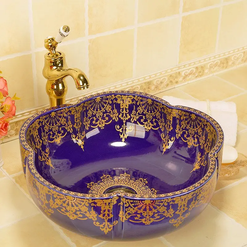Золотой узор в форме цветка фарфоровая ванная комната раковина для ванной комнаты столешница круглая раковина для ванной комнаты умывальник синий - Цвет: design 2