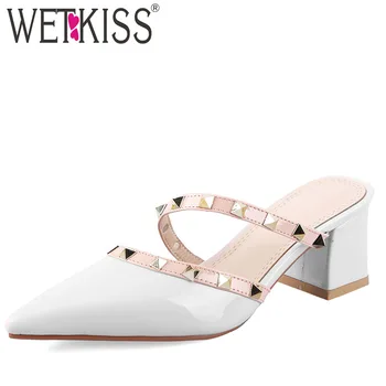 

WETKISS Thick High Heels Slippers Women Rivet 2019 New Women Slides Shoes Summer Studded Shoes Female Pu Pointed Toe Mules Shoes
