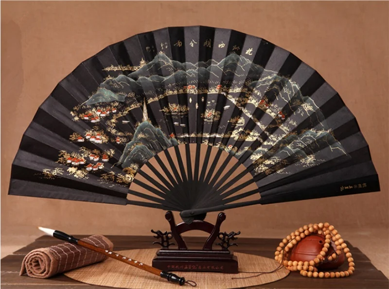 Китайский бамбуковый складной ручной вентилятор, классический Ландшафтный большой вентилятор, ручной складной вентилятор, вентилятор для свадебной вечеринки, подарок