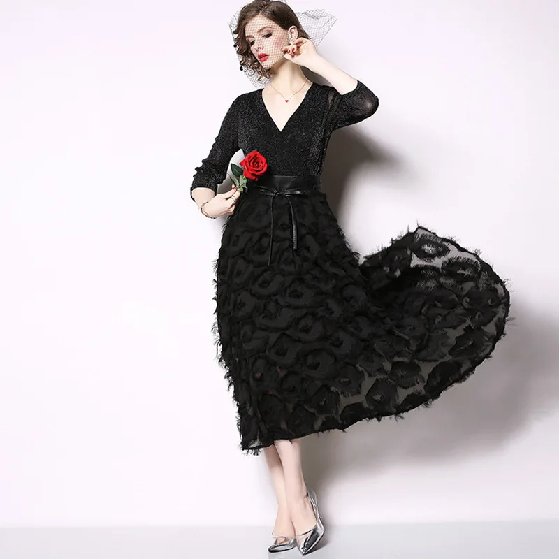 

2019 Summer V-neck Seven-point Sleeves Bright Silk Stitching Fringe Dress Fashion Sexy Elegant Black Dress Women Dinner Dress