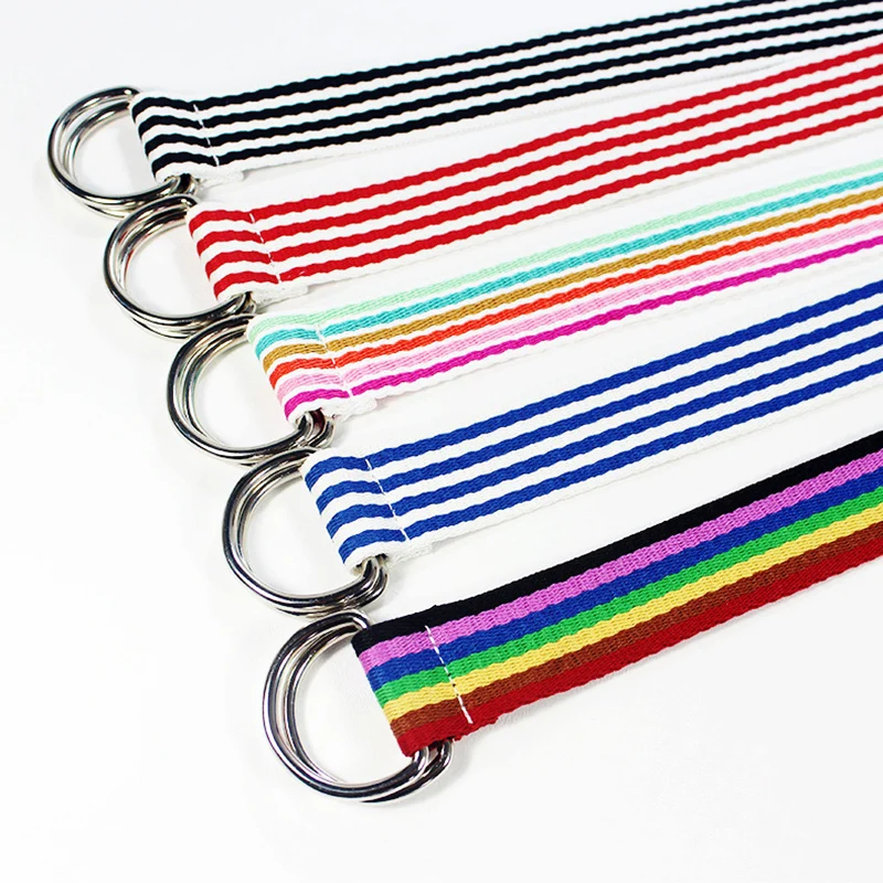 

OLOME Fashion Rainbow Belt Black Double Buckle Women Belts Female Girls White Canvas Dress Waist Belt