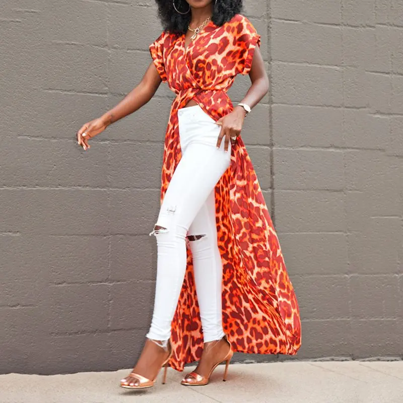 

Leopard Sexy Long Blouse Women 2019 Beach Tops Boho Stylish Split Design Batwing Sleeve Ladies Shirt Summer Chic Printed Blouses