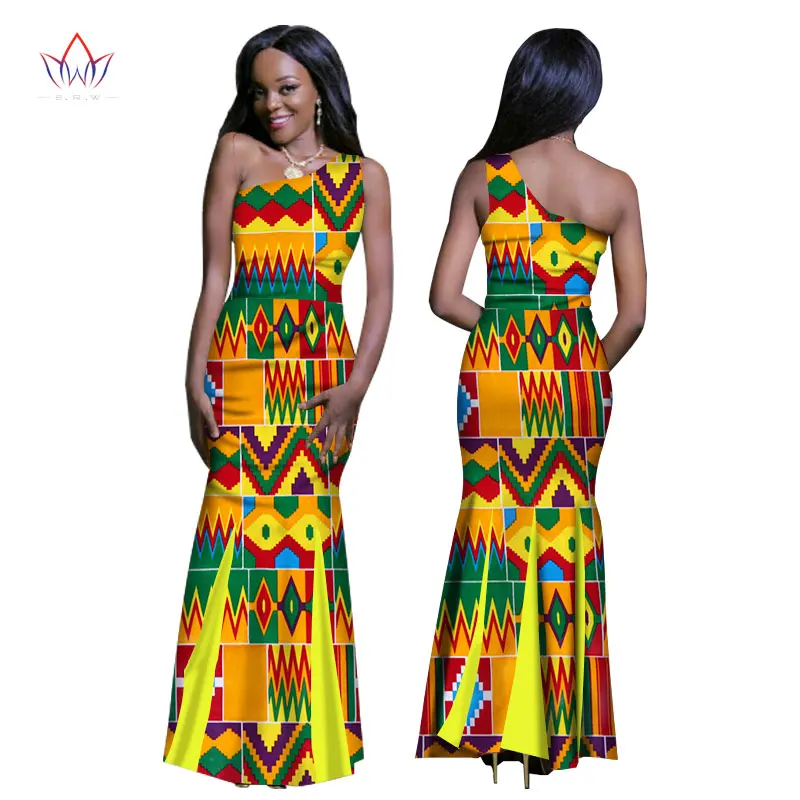 

New African Summer Dresses One-Shoulder Bazin Riche Africa Wax Print Dresses Plus Size Long Party Dress for Women WY1276