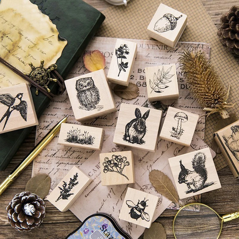 Vintage forest animal plants wood rubber stamps for scrapbooking