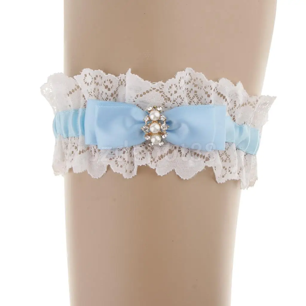 Wedding Bridal Lace Garter Pearls Rhinestone Satin Bow Thigh Ring Keepsake &Toss White and Blue