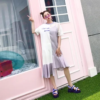 

Limited edition last few summer letters color matching irregular perspective mesh stitching hanging bandwidth loose dress
