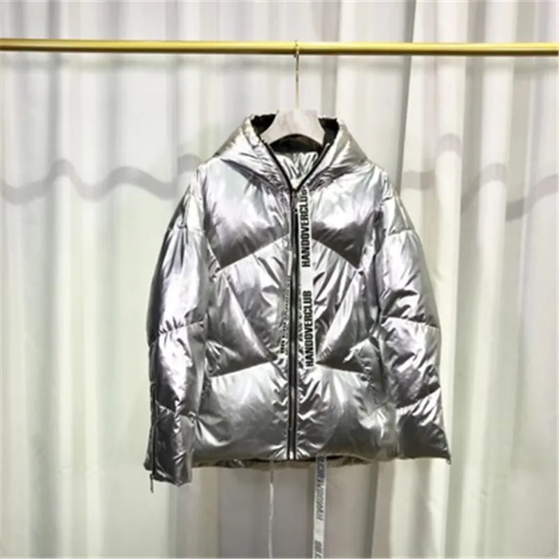 2018 winter New Women's Down Jacket Coat Loose Big Size Thick Outer Cloak A Word Short Silver Bright Hooded Outerwear D483