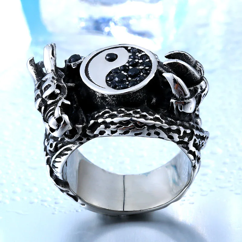 BEIER Personality Stainless Steel CZ Gothic Dragon Animal Ring Exggerated Jewelry Taiji Yinyang Bauag US Size BR8-173