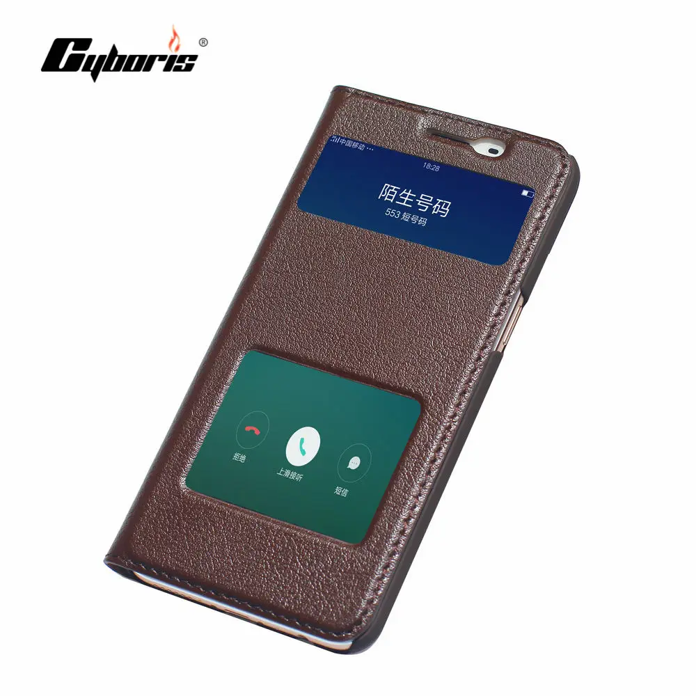 

CYBORIS for Oppo R9S Case Genuine Real Cow Leather Case for Oppo R9S Plus Window View Stand Flip Cover