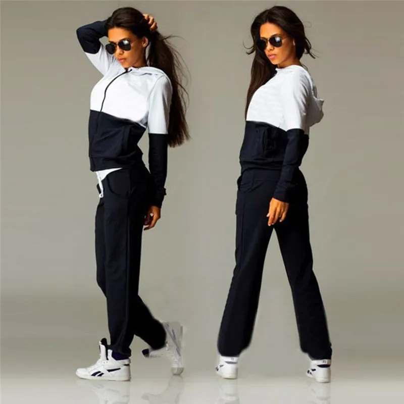 

2 Piece Women Running Set 2017 Autumn Long Sleeve Patchwork Hoodies Sweatshirts+Long Pants Tracksuits for Women Sportswear