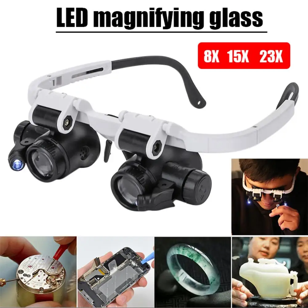 

8x 15x 23x Adjustable Magnifier Glass with LED Light Head Wearing Repair Jeweler Watch Clock Magnifying Glass Headband Loupe