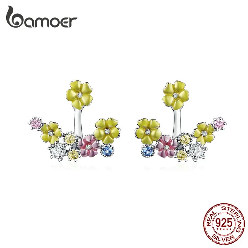 

BAMOER Multicolored Flower Enamel Earrings Sterling Silver 925 Ear Jackets Women Designer Brand Fine Jewelry Girl Gifts BSE106