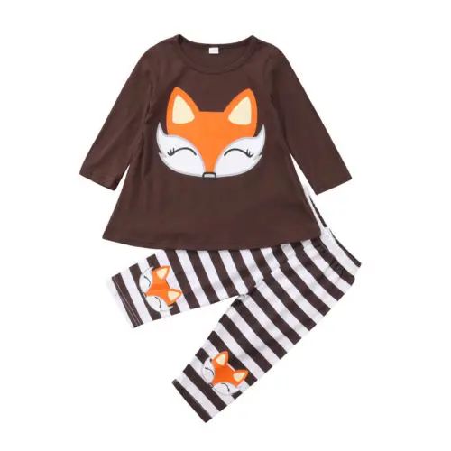 

2018 Child Kids Baby Girls Clothes Set 2pcs Fox Long Sleeve T Shirt Tops Striped Leggings Pants Outfit Autumn Costume Sale 1-5T