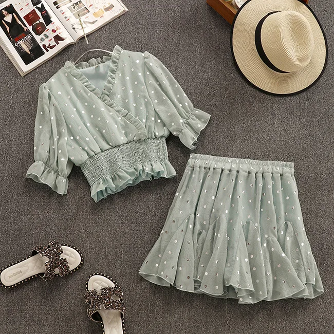 

Amolapha Women V Neck Polka Dot Blouse+Elastic Waist Pleated Chiffon Skirt Set Summer Chiffon Clothes Suit Twinsets