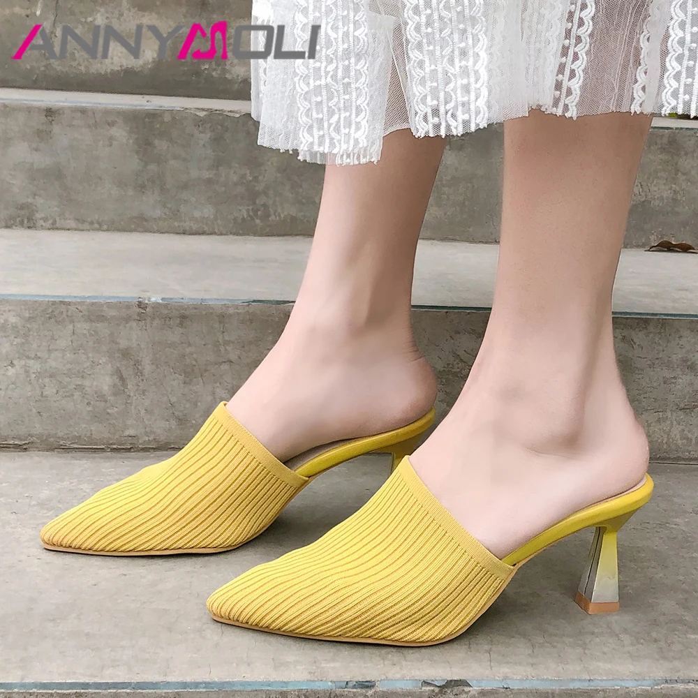 

ANNYMOLI High Heels Women Mules Shoes Stretch Kitten Heels Party Shoes Elegant Super High Heel Slippers Female Plus Size 34-43