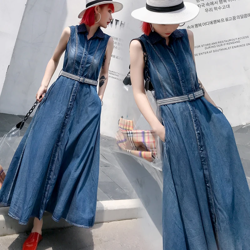 Высокое качество Мода размера плюс XS-3XL платья для женщин длинные макси однобортные джинсовые летние платья с поясом