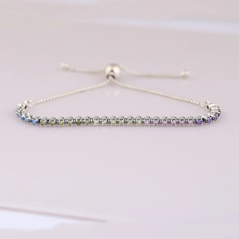 

925 Sterling Silver Bracelet For Women Multi-Color Sparkling Strand Bracelet Multi-Colored CZ fit Lady Jewelry