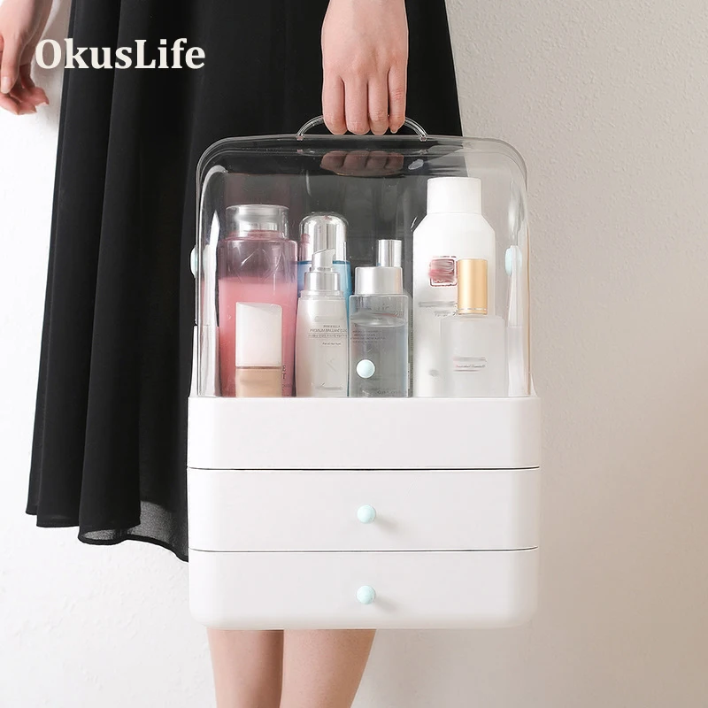  1-3 layers Portable Waterproof Make Up Cosmetic Box Dust Cover Organizer Drawers Plastic Storage Bo