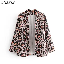 CHBBLF женщин chic leopard блейзер с рисунком Длинные рукава карман куртка с открытым воротом винтажные женские Верхняя одежда Топы DFT27260