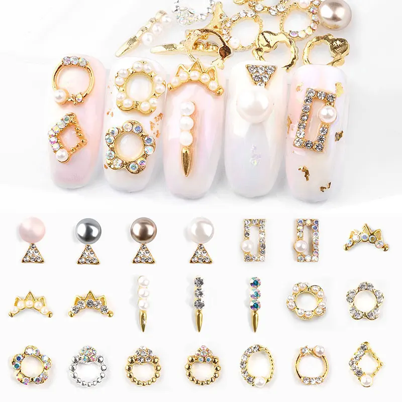 

5Pcs 3D Glitter Crystal AB Rhinestones Triangle/Hollow/Flower Alloy Pearl Rivets Nail Art Decorations Charm Jewelry DIY Manicure